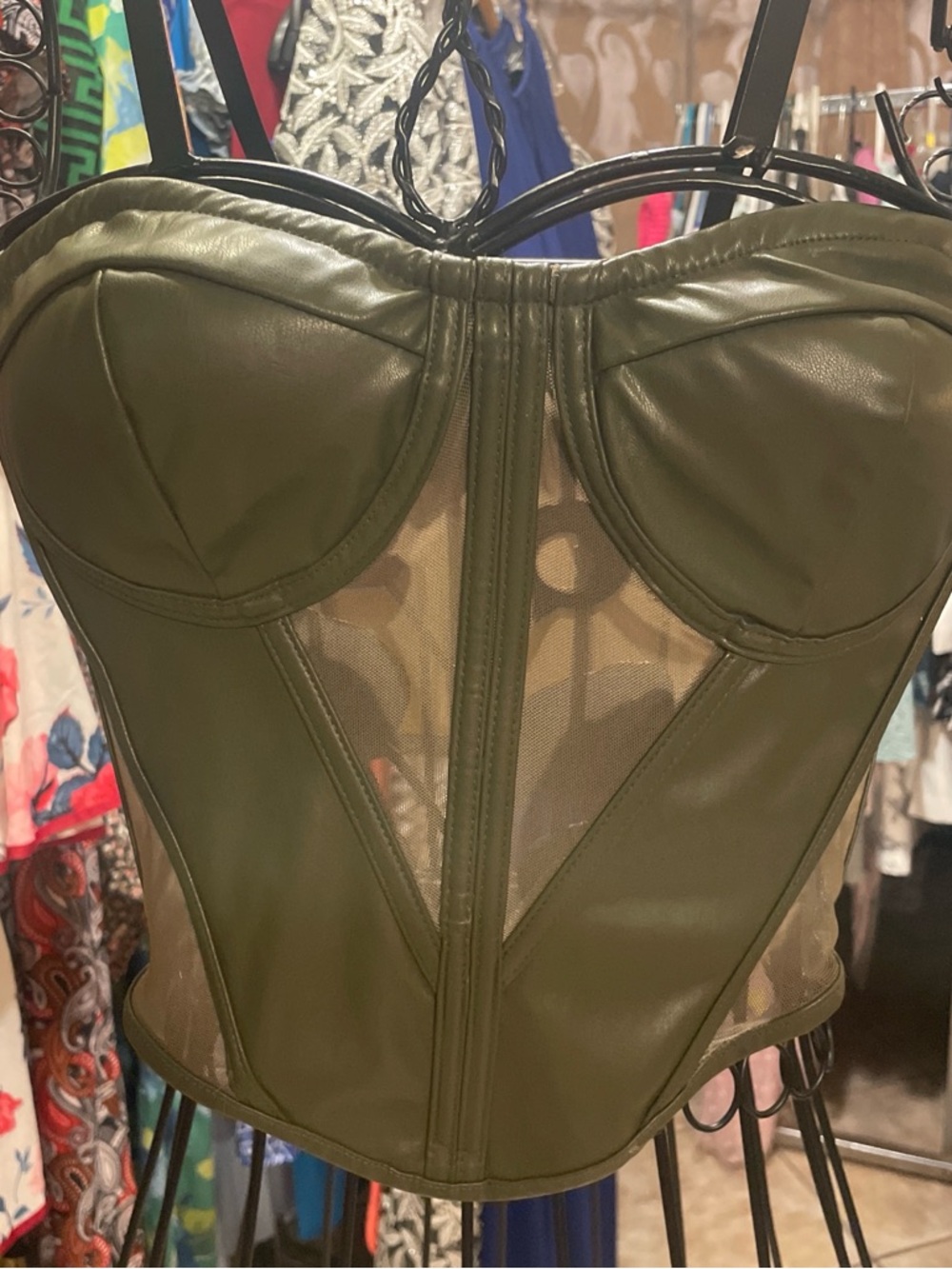 Olive Green Faux Leather Mesh Bustier Crop Top